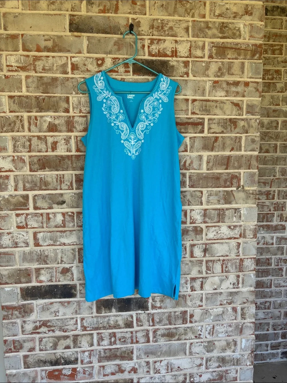 Lands' End Turquoise Sleeveless V-Neck Dress with White Embroidery